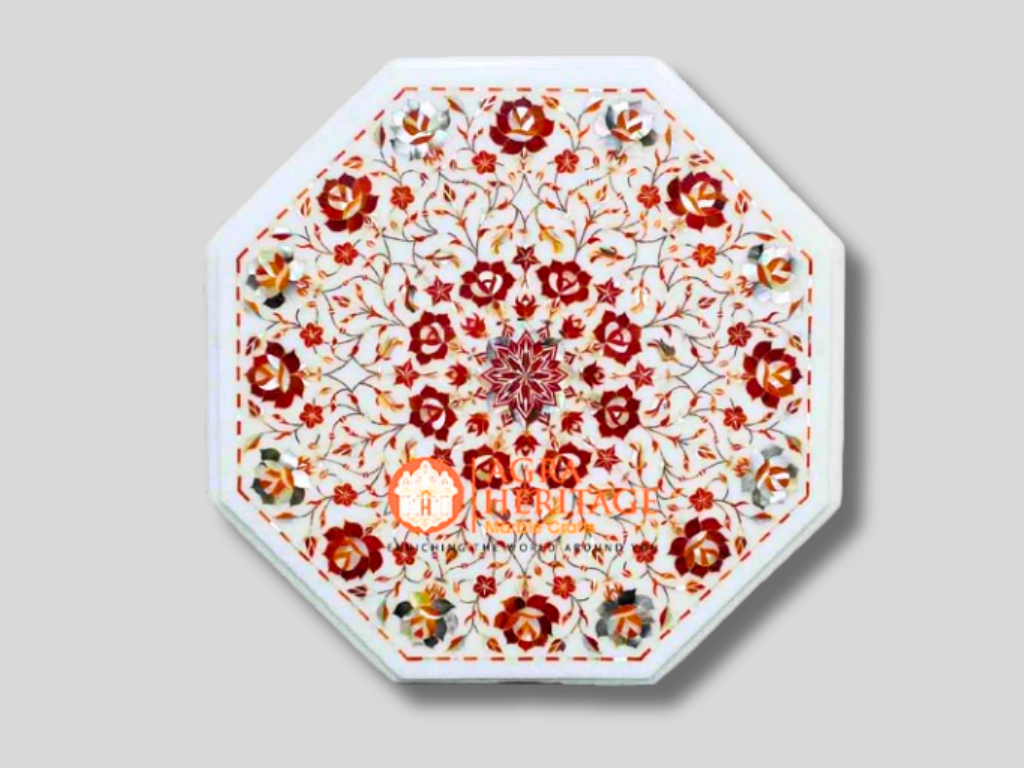 White Marble Carnelian Inlay Floral Table Top Home Decor